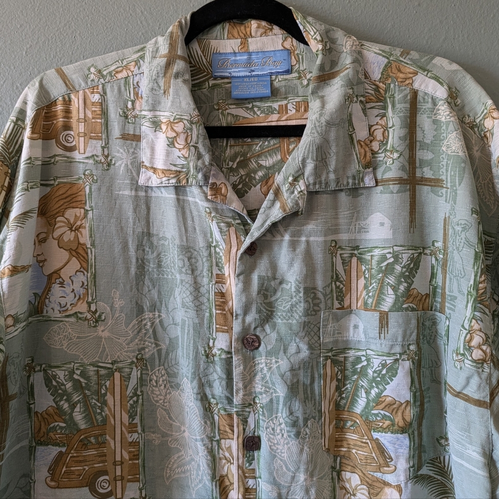 Bermuda Bay 100% Silk Hawaiian Tropical Print Button Up Shirt Size XL - Picture 2 of 6